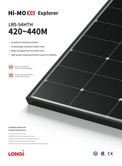 Panou Fotovoltaic LONGI HI-MO X6 Explorer LR5-54HTH-440M N-Type black frame 440W