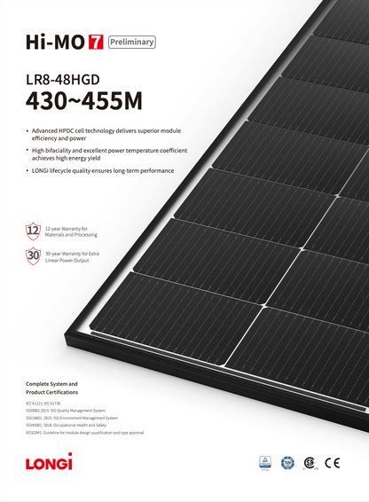 Panou Fotovoltaic LONGI Bifacial HI-MO 7 Preliminary LR8-48HGD-445M N-Type black frame 445W